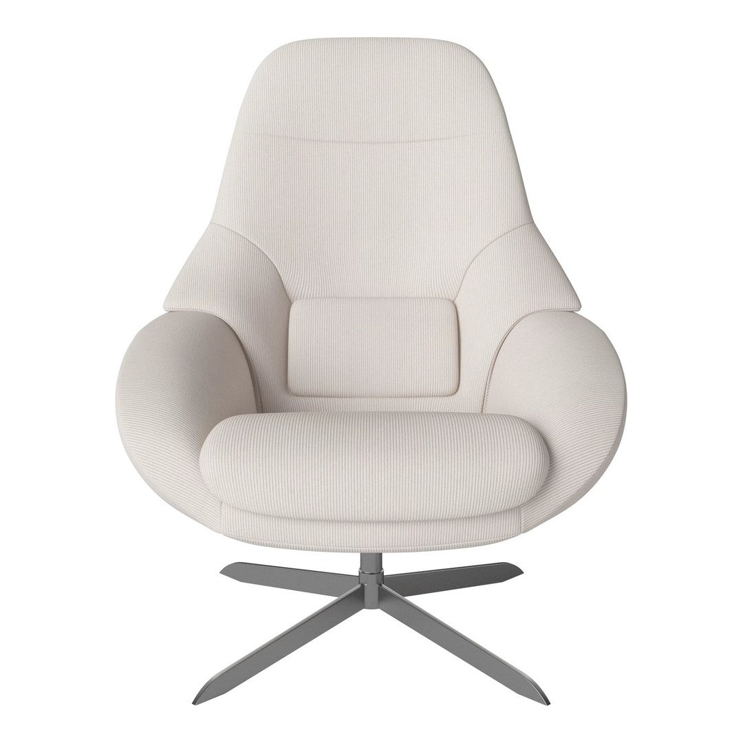 Light beige upholstered armchair with smooth, minimalist design and sleek silver base. Perfect for modern decor.