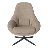 Beige upholstered chair with a smooth texture and minimalist design, featuring a sleek black metal base.