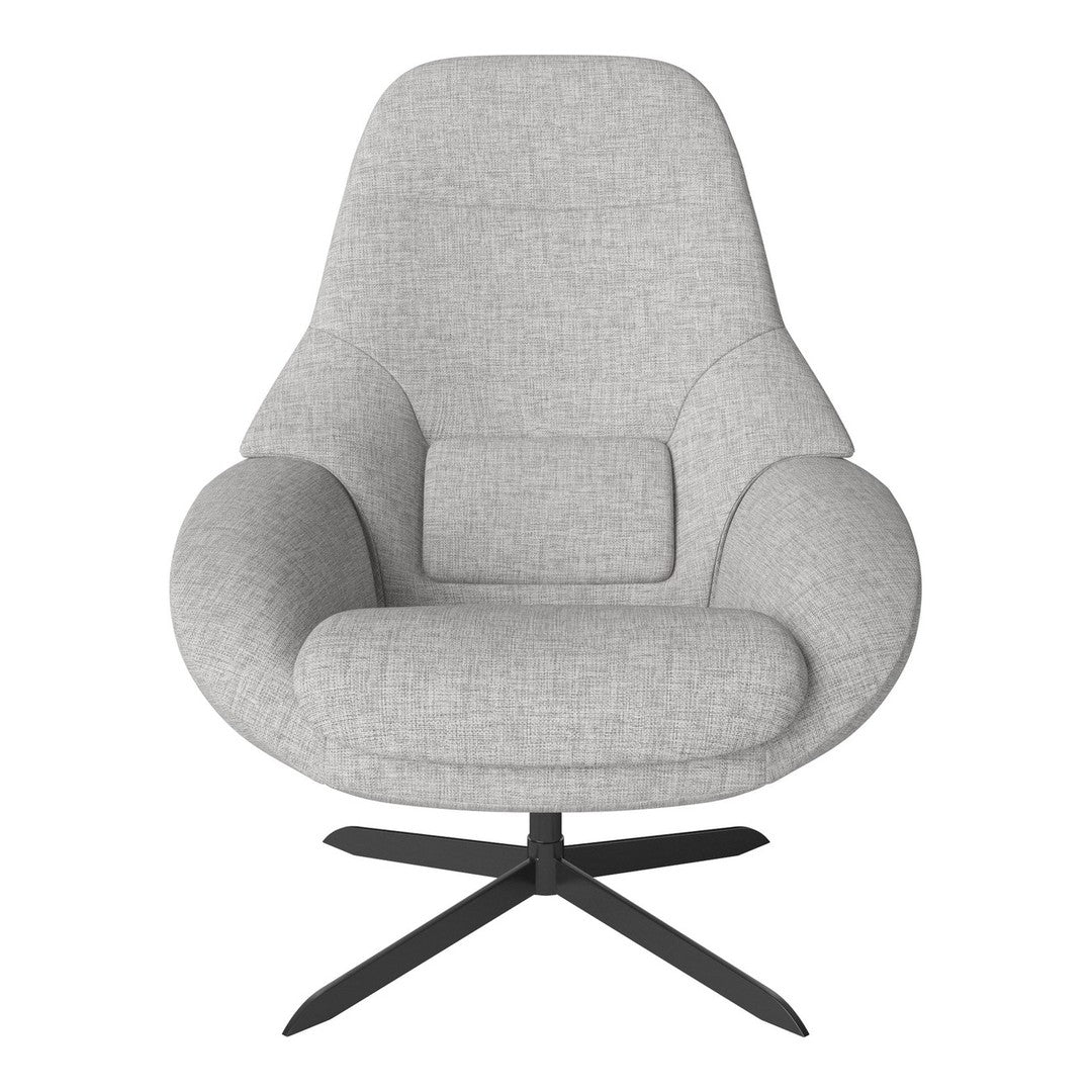 Light gray upholstered chair with sleek, smooth lines and a modern black base, showcasing minimalist design.