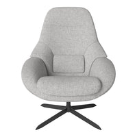 Light gray upholstered chair with sleek, smooth lines and a modern black base, showcasing minimalist design.