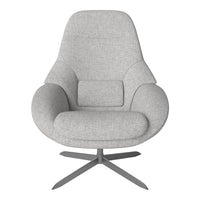 Light gray upholstered chair with smooth curves and a minimalist design, featuring a sleek metal base.