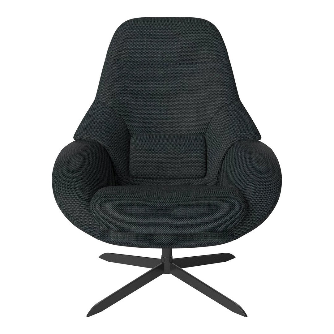 Luxurious dark gray armchair with subtle textured pattern and sleek black metal base for stylish seating.