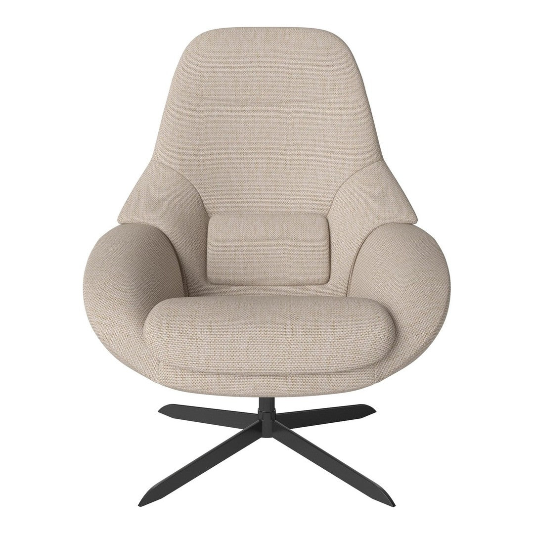 Beige fabric armchair with a textured pattern and black metal base, offering a modern and stylish look.