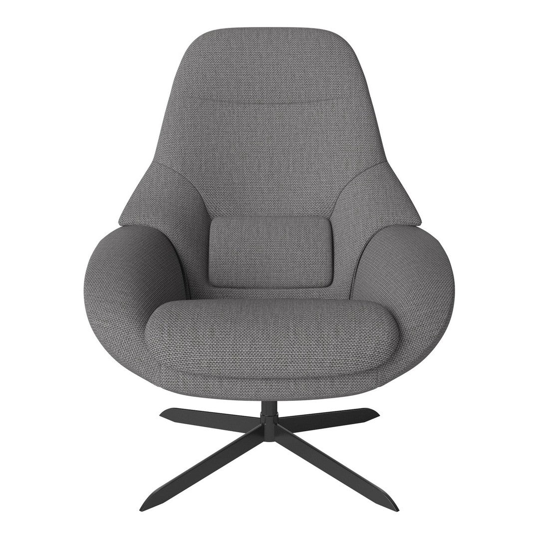 Stylish gray upholstered chair with subtle textured pattern and sleek black metal base, perfect for modern decor.