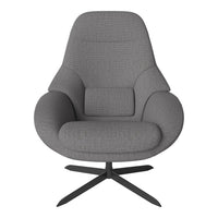 Stylish gray upholstered chair with subtle textured pattern and sleek black metal base, perfect for modern decor.