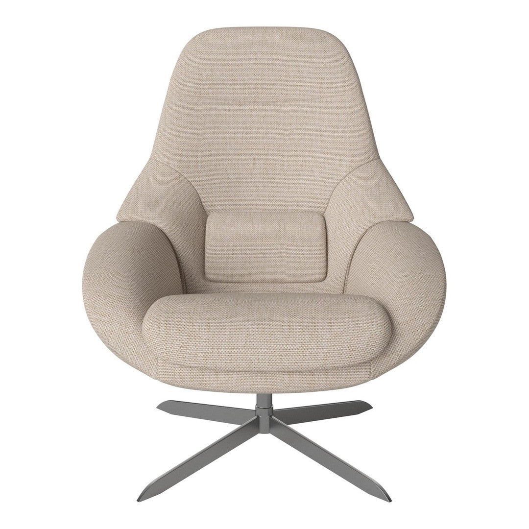 Beige upholstered chair with a textured pattern and sleek metal legs, perfect for modern interiors.
