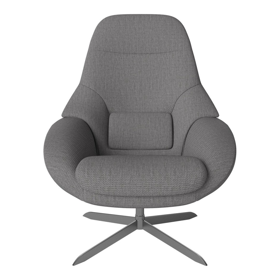 Gray upholstered chair with a textured pattern and sleek metal base, adding modern elegance to any space.