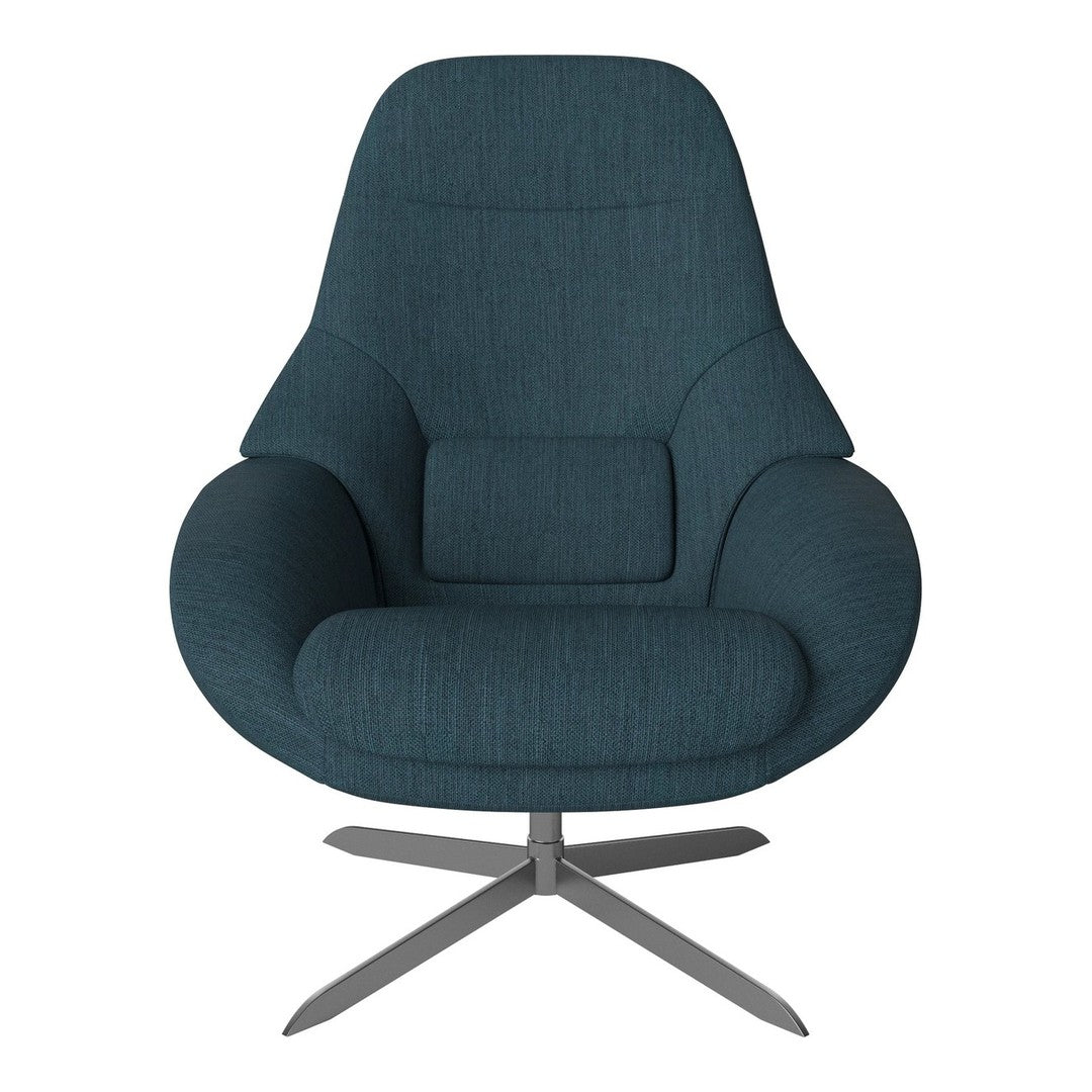 Teal fabric lounge chair with a modern design and smooth textures, featuring a sleek metallic base.