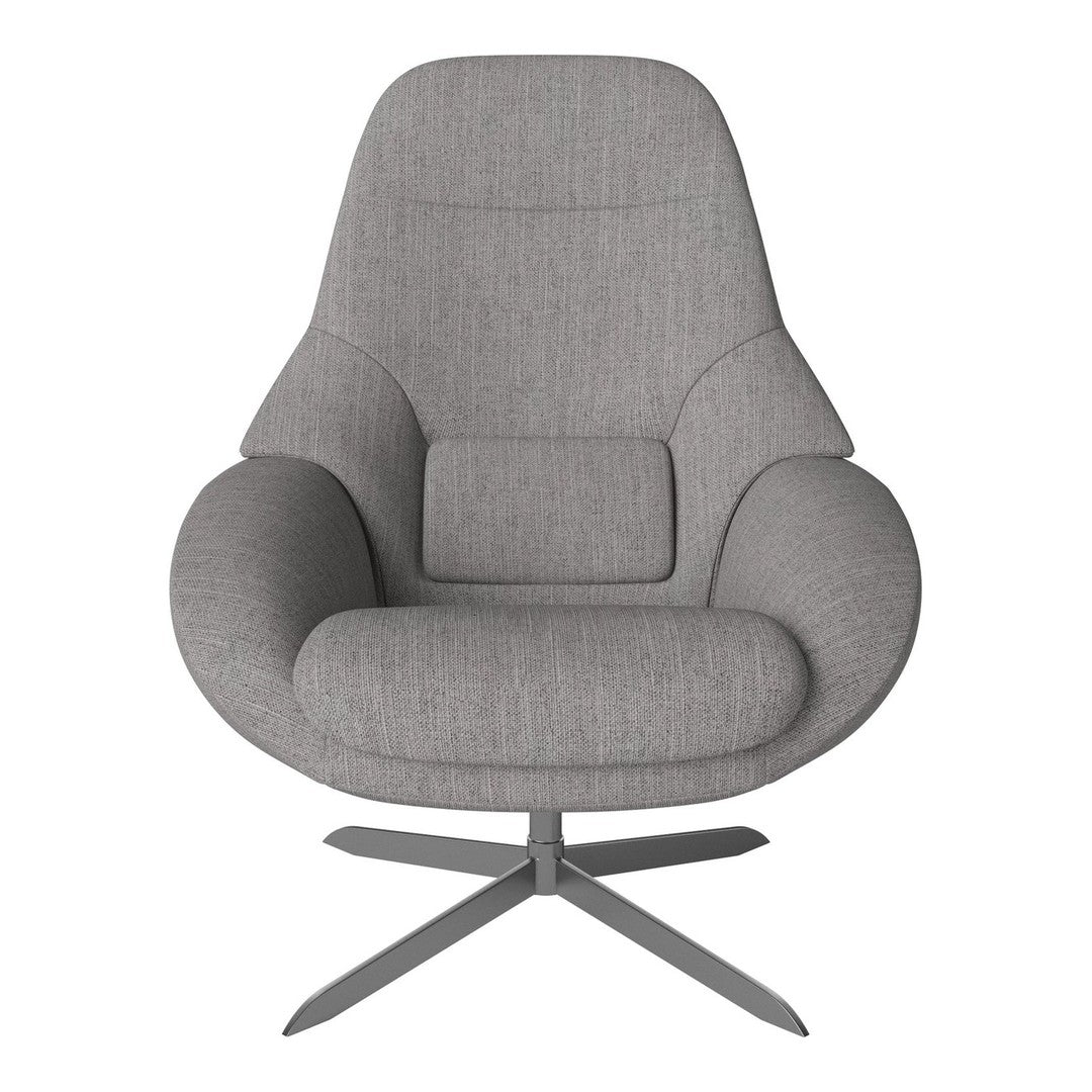 Gray fabric chair with a smooth, minimalist design and subtle textured pattern, featuring a modern chrome base.