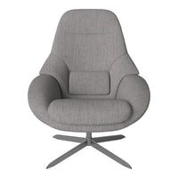 Gray fabric chair with a smooth, minimalist design and subtle textured pattern, featuring a modern chrome base.