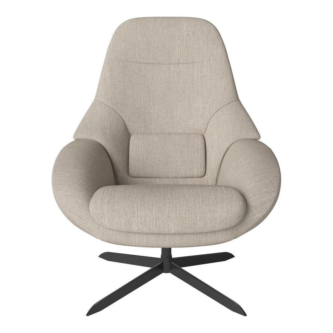 Beige upholstered chair with a smooth texture and subtle curved shape, featuring a sleek black metal base.