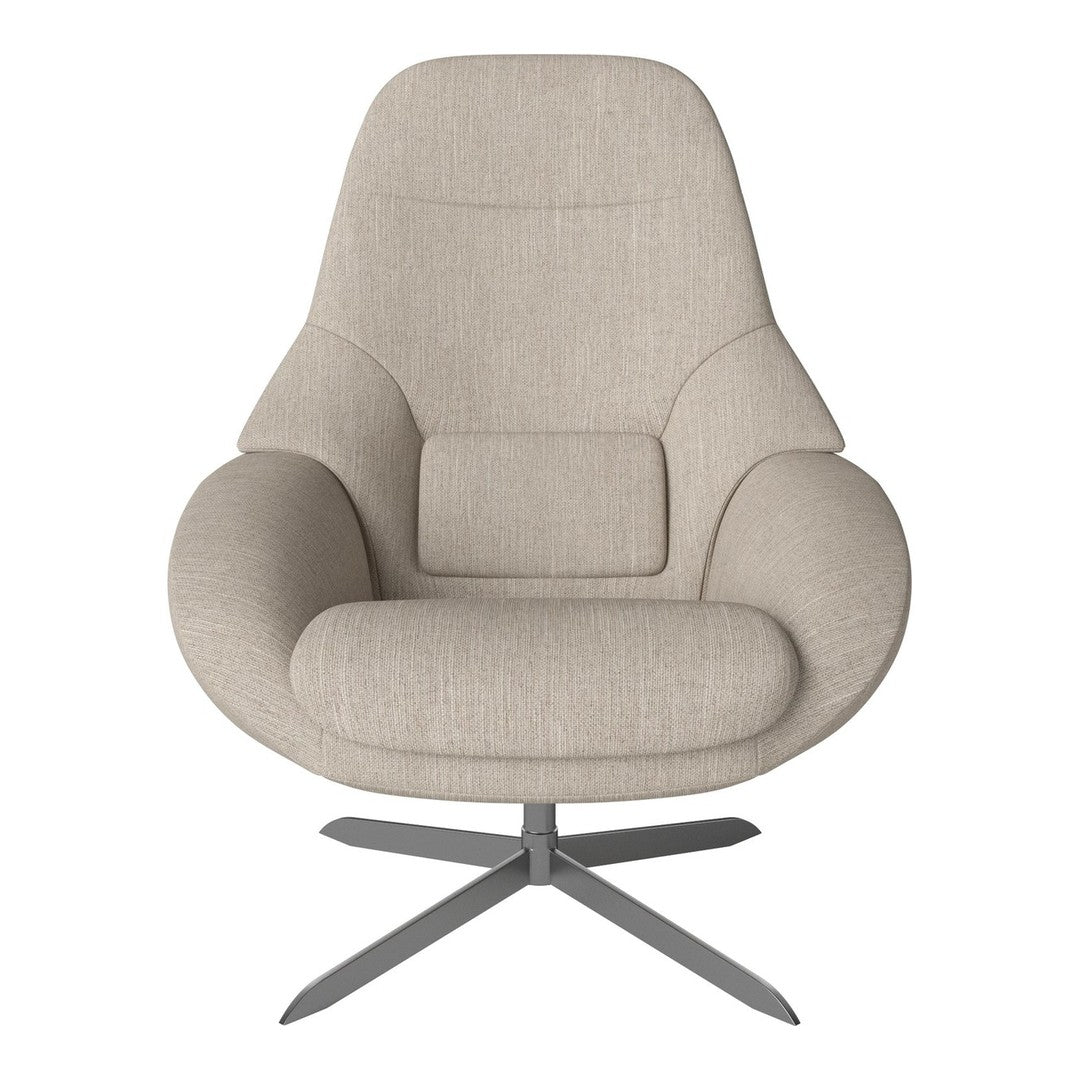 Beige upholstery accent chair with a modern design and smooth, minimalist curves, featuring a sleek metal base.