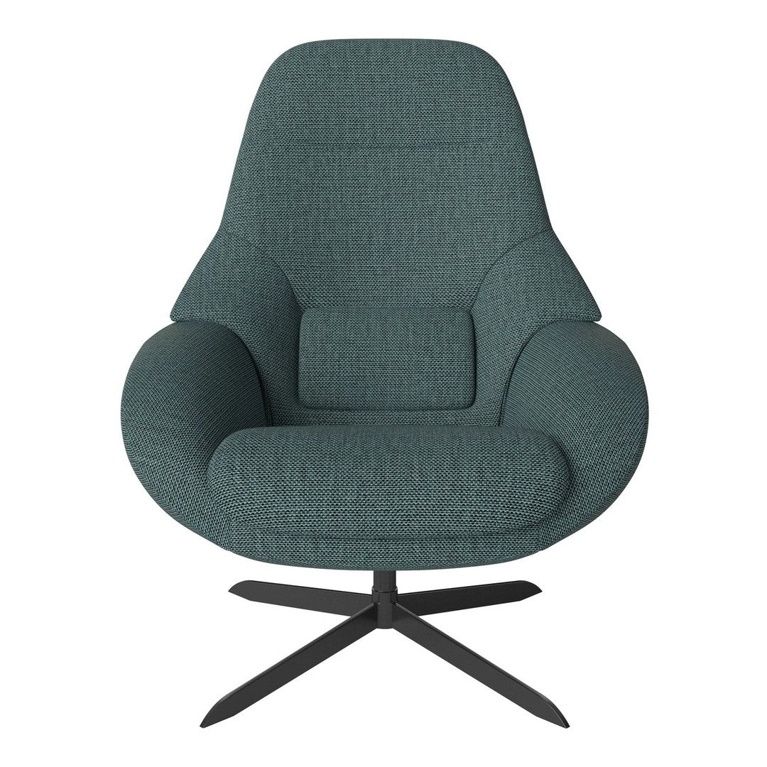 Teal upholstered chair with textured pattern and a sleek black base. Modern design for stylish decor.