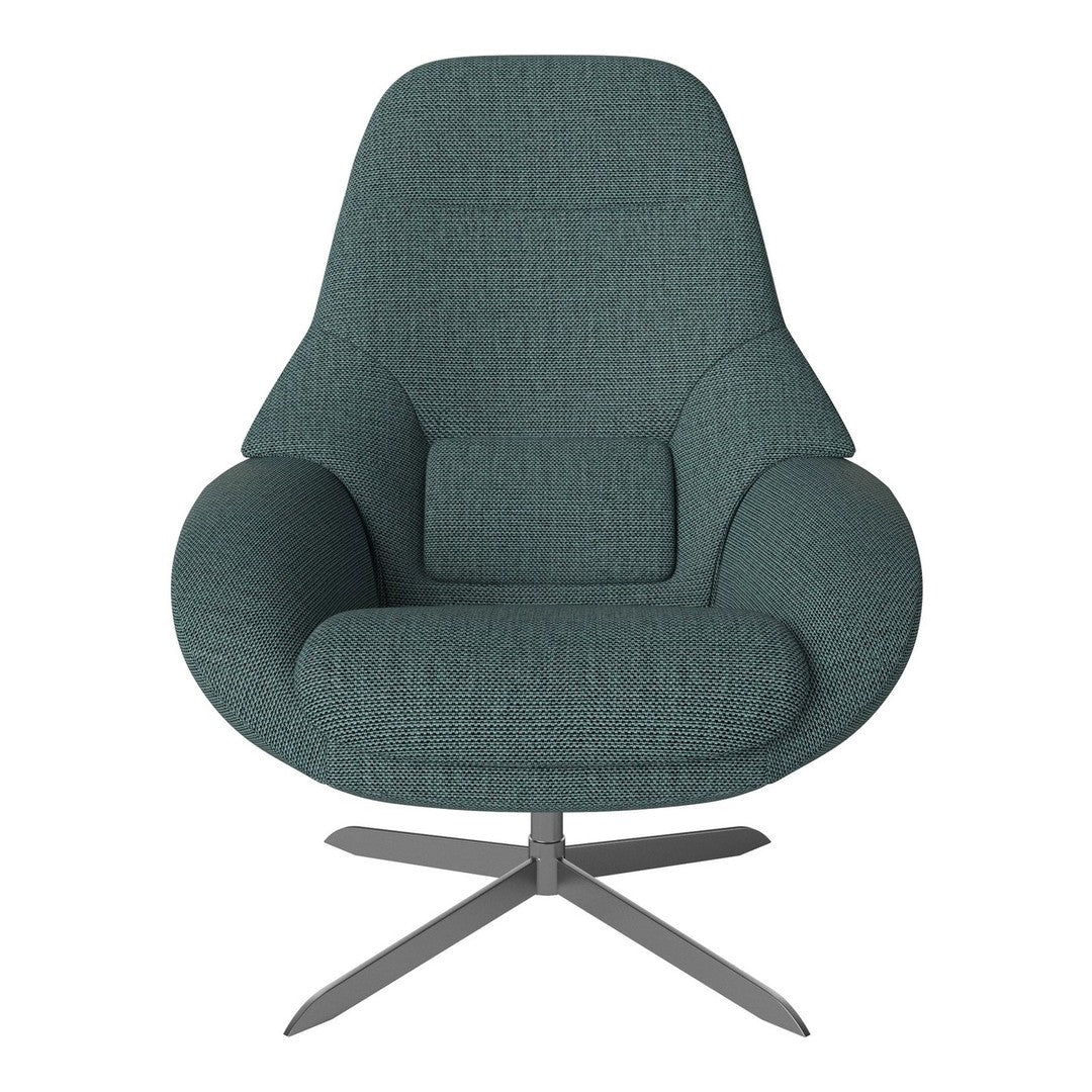 Teal upholstered chair with textured fabric and sleek metal base, featuring an ergonomic design. Ideal for modern decor.