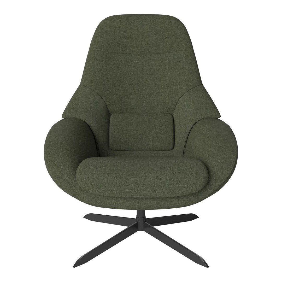 Green upholstered chair with a modern design and smooth curves, featuring a sleek black metal base.
