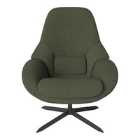 Green upholstered chair with a modern design and smooth curves, featuring a sleek black metal base.