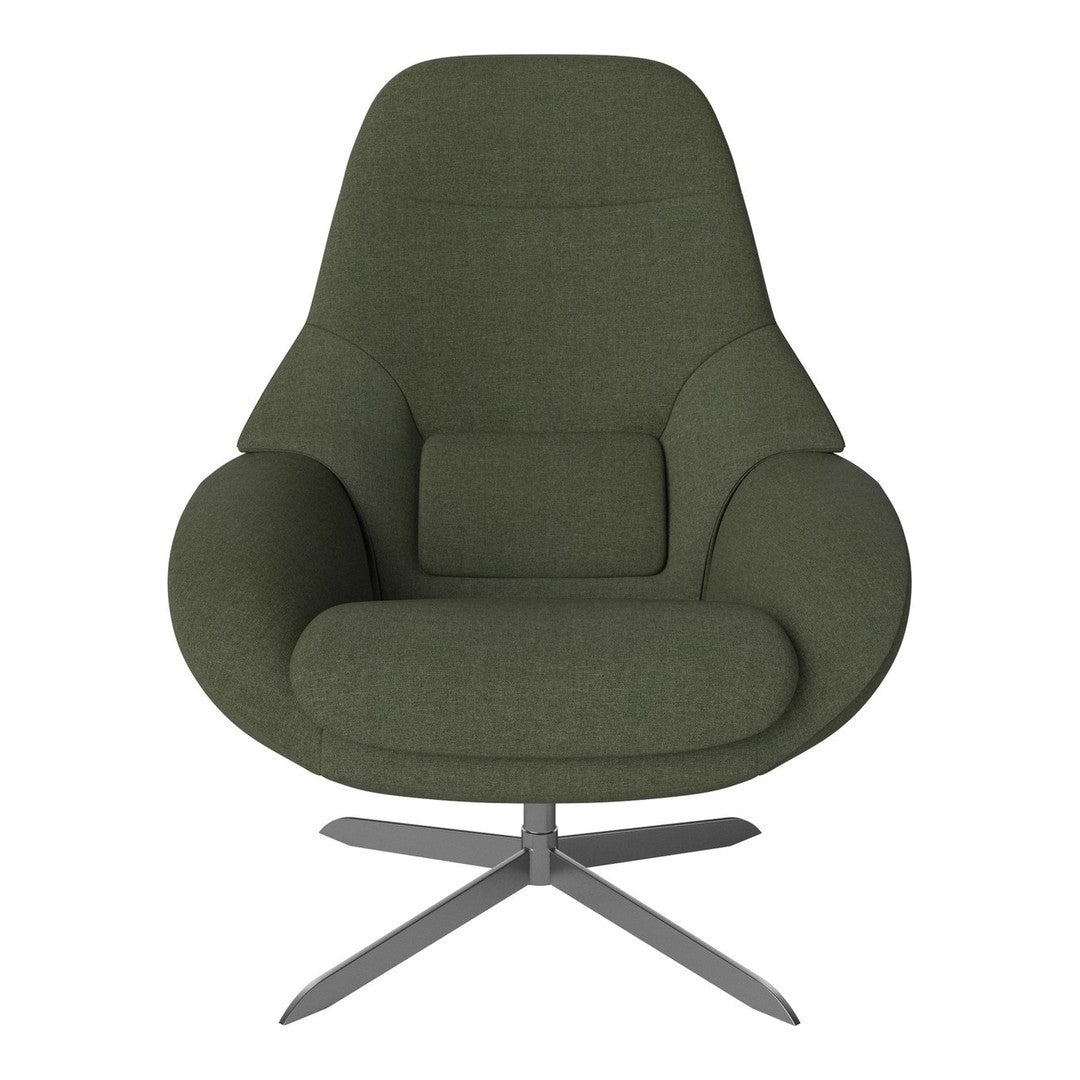 Olive green upholstered chair with smooth curves and minimalistic design, featuring a sleek metallic base.