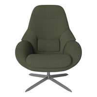 Olive green upholstered chair with smooth curves and minimalistic design, featuring a sleek metallic base.