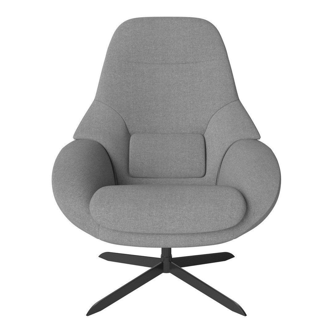 Cozy grey upholstered armchair with smooth curves and a minimalist design, set on a sleek black metal base.