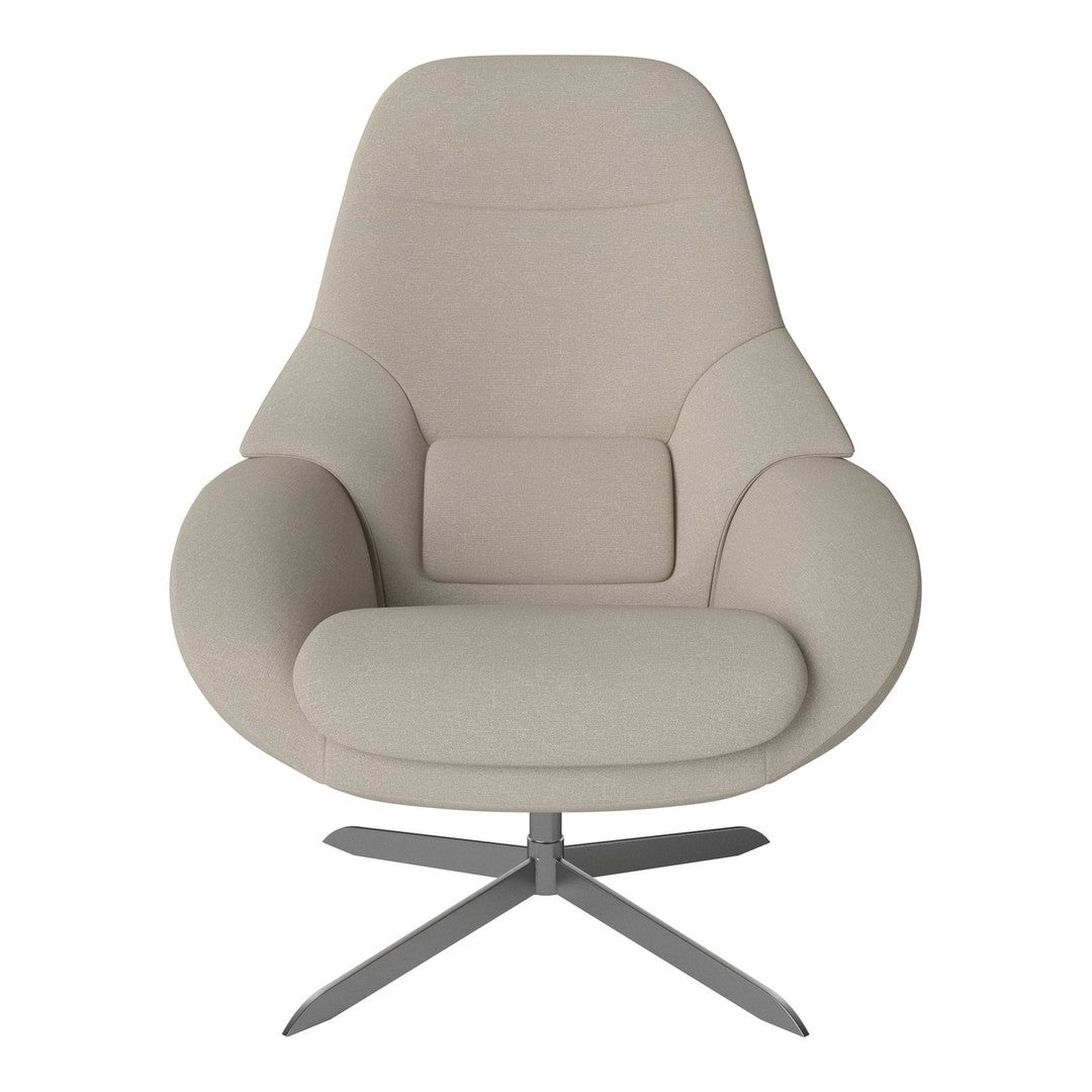 Beige, modern swivel chair with a sleek, smooth design and a soft fabric texture, perfect for contemporary interiors.