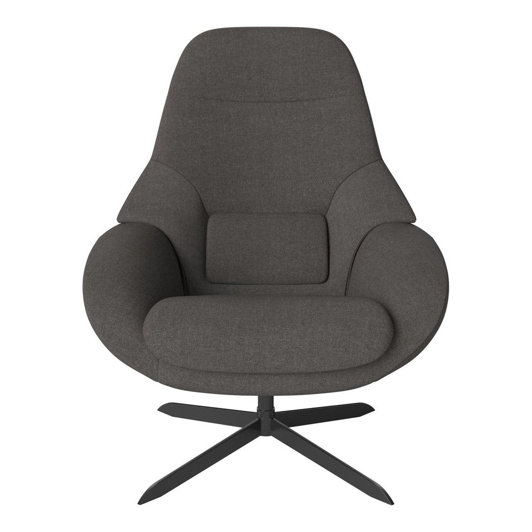 Gray upholstered armchair with a sleek design and smooth, modern lines, featuring a fabric texture and minimalist black base.