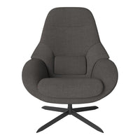 Gray upholstered armchair with a sleek design and smooth, modern lines, featuring a fabric texture and minimalist black base.