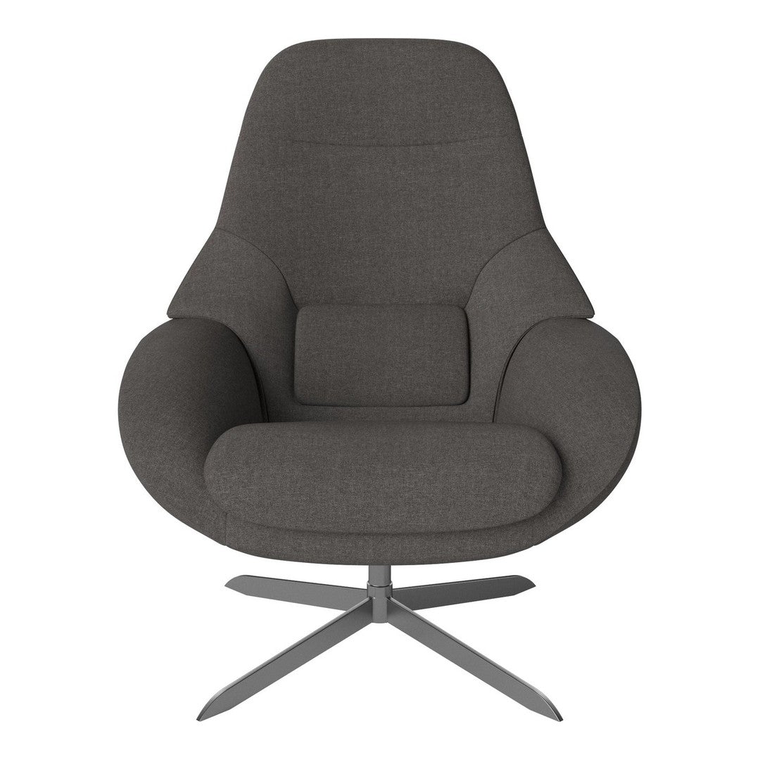 Gray upholstered chair with a sleek, modern design and smooth, solid surface, perfect for contemporary interiors.