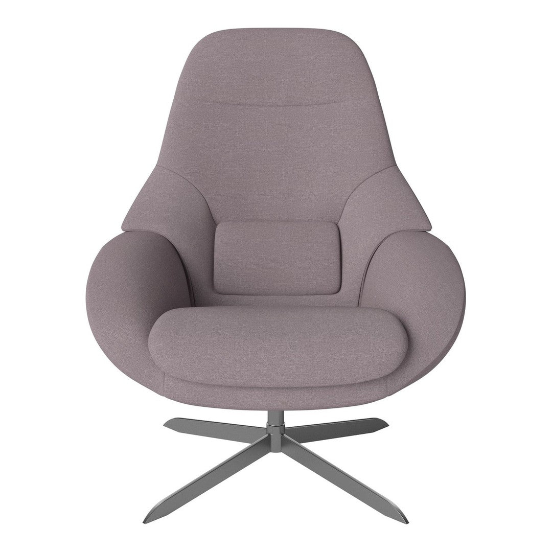 Soft lavender fabric accent chair with a smooth, minimalist design. Sleek silver base for modern touch.