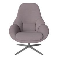 Soft lavender fabric accent chair with a smooth, minimalist design. Sleek silver base for modern touch.