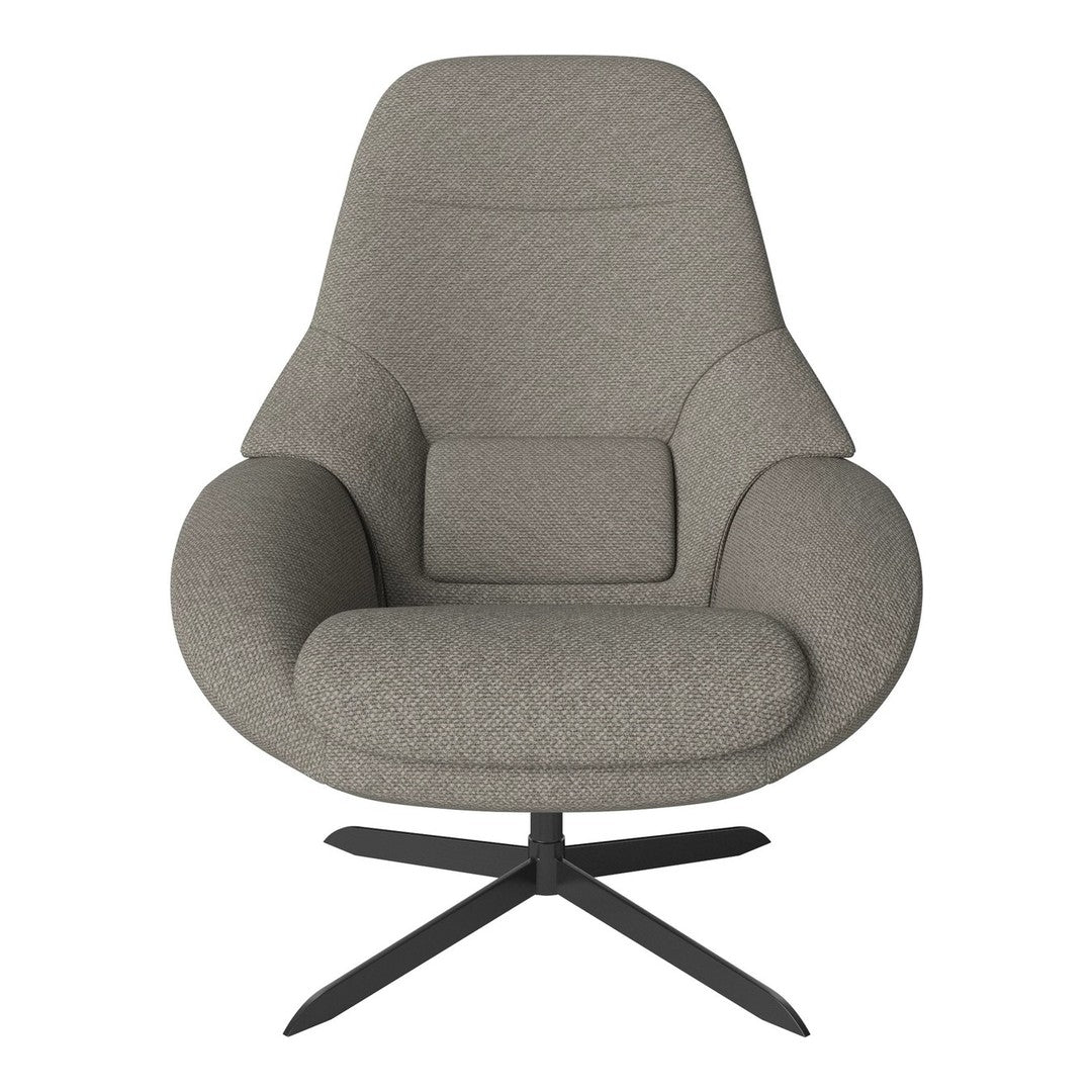 Gray upholstered chair with a soft, textured pattern and a sleek black metal base. Ideal for modern decor.