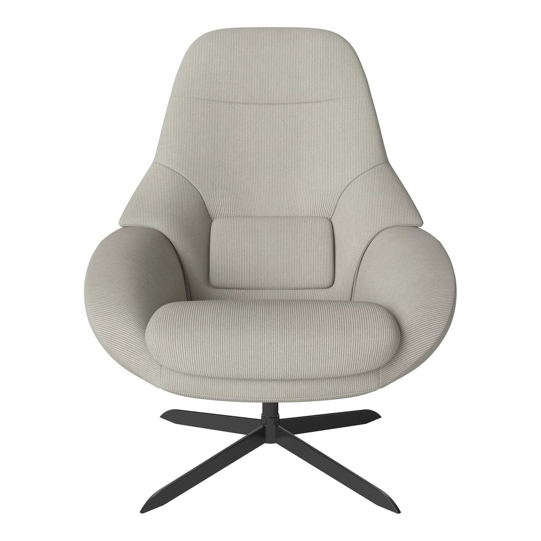 Light gray upholstered chair with a smooth, modern design featuring a sleek, black metal base.