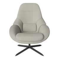Light gray upholstered chair with a smooth, modern design featuring a sleek, black metal base.