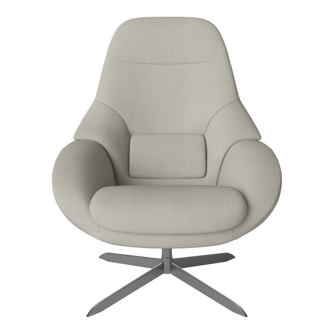 Light gray upholstered chair with smooth, contemporary design and minimalist patterns, perfect for modern interiors.