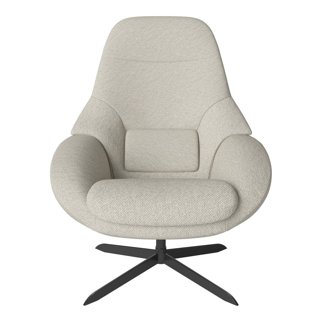 Cozy beige chair with a textured fabric and sleek black base, featuring a modern, minimalist design.