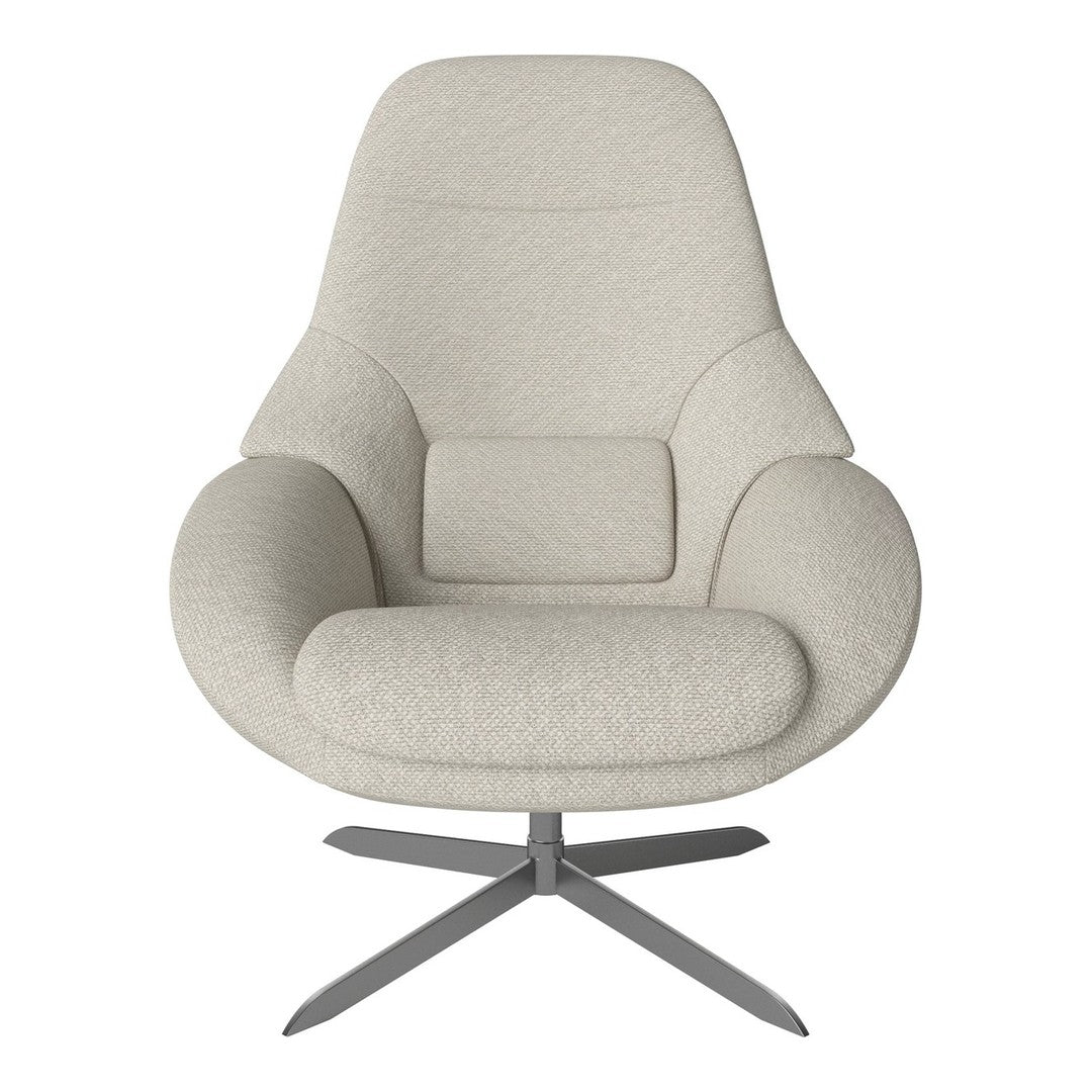 Light beige upholstered chair with a smooth, textured pattern and a modern swivel base.