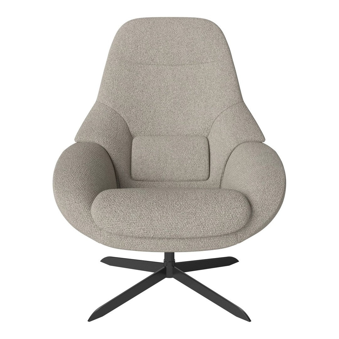 Light gray swivel chair with soft textured fabric and a minimalist design, featuring a black metal base.