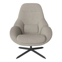 Light gray swivel chair with soft textured fabric and a minimalist design, featuring a black metal base.