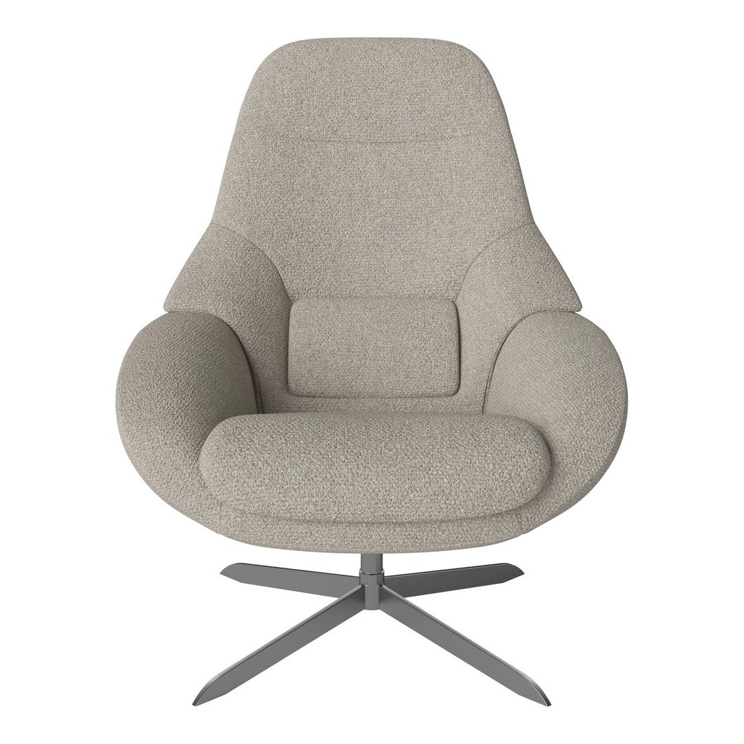 Light gray upholstered chair with a smooth, minimalist design and subtle textures, complemented by a metallic base.