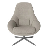 Light gray upholstered chair with a smooth, minimalist design and subtle textures, complemented by a metallic base.