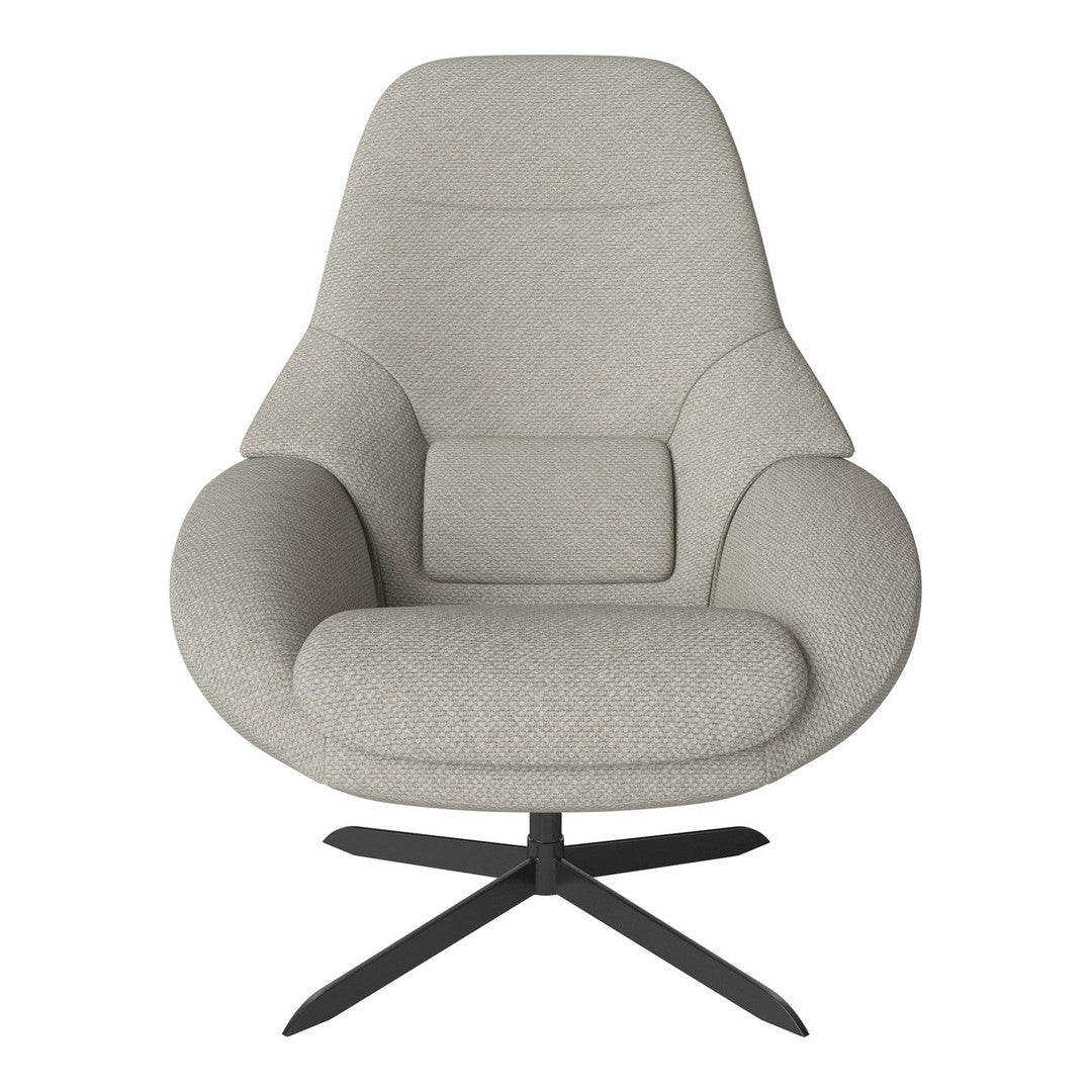 Light gray upholstered chair with a smooth, modern design and a sleek black swivel base. Perfect for contemporary decor.