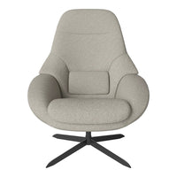 Light gray upholstered chair with a smooth, modern design and a sleek black swivel base. Perfect for contemporary decor.