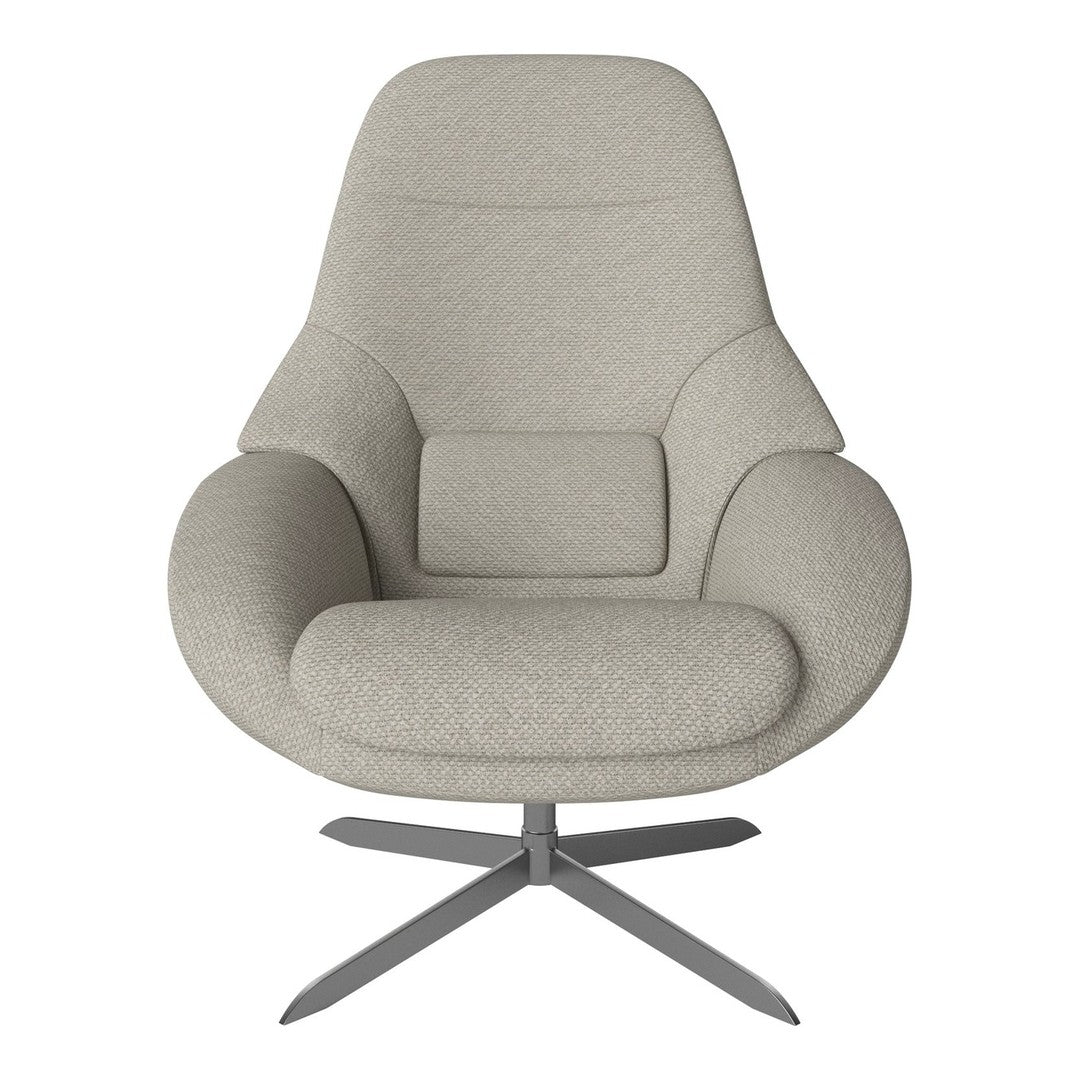 Light gray upholstered chair with a smooth, contemporary design and subtle texture, set on a sleek metal base.