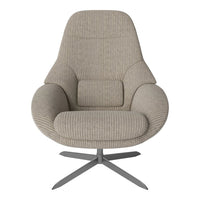 Beige ribbed fabric armchair with a sleek metal base, offering a modern and cozy aesthetic.