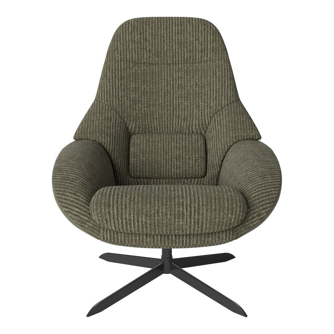 Green striped lounge chair with a plush design and a sleek black base, perfect for modern interiors.