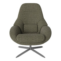 Olive green ribbed upholstered chair with a modern design and sleek metal base. Perfect for stylish interiors.