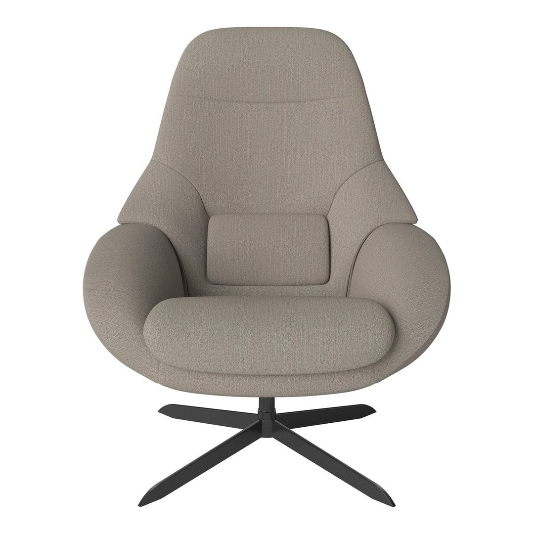 Light grey upholstered chair with a sleek, modern design and a textured fabric pattern. Black metal base adds contrast.