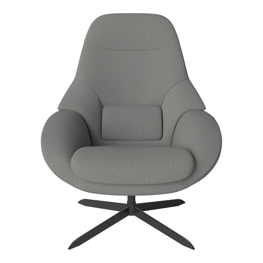 Light gray upholstered chair with a smooth texture and minimalist design, featuring a sleek black metal base.