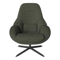 Olive green upholstered chair with a smooth texture and minimalist design, featuring a sleek black metal base.