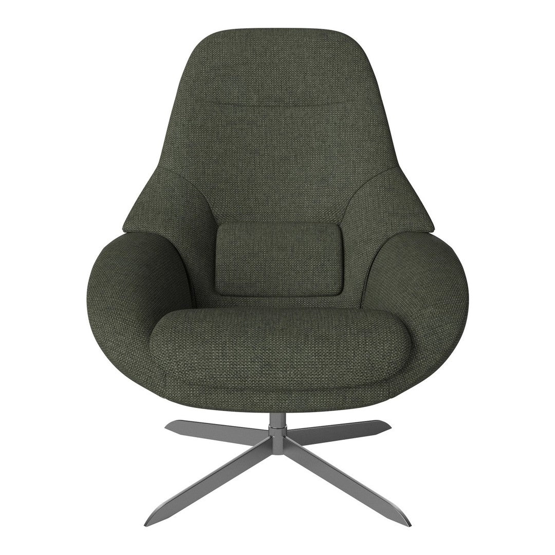 Green upholstered chair with a modern, smooth finish and a sleek, silver star base. Perfect for contemporary interiors.