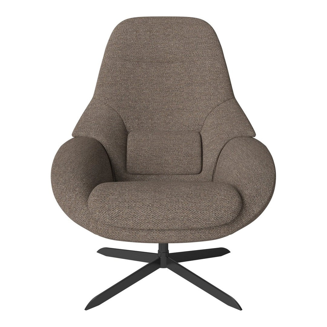 Modern brown upholstered chair with a plush, rounded design and a sleek black metal base. Perfect for contemporary decor.
